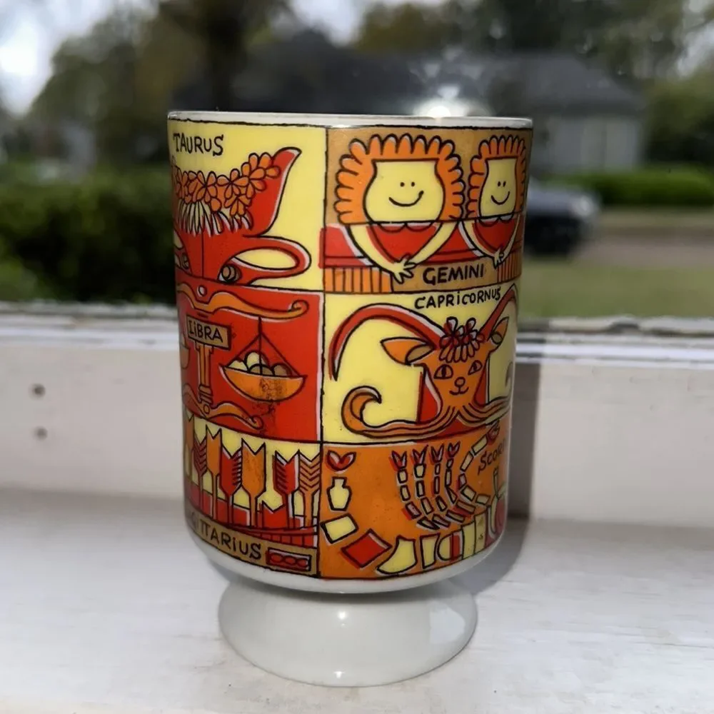 Vintage 60s kitschy orange & yellow‎ Zodiac ceramic coffee cup made in Japan